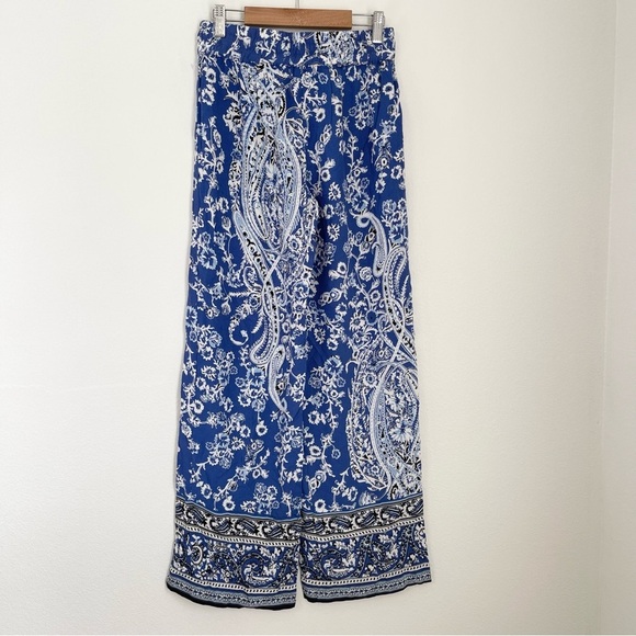 Rose and Rhyme Blue and White Boho Paisley Wide Leg Flowy Pants Size S - Picture 9 of 9